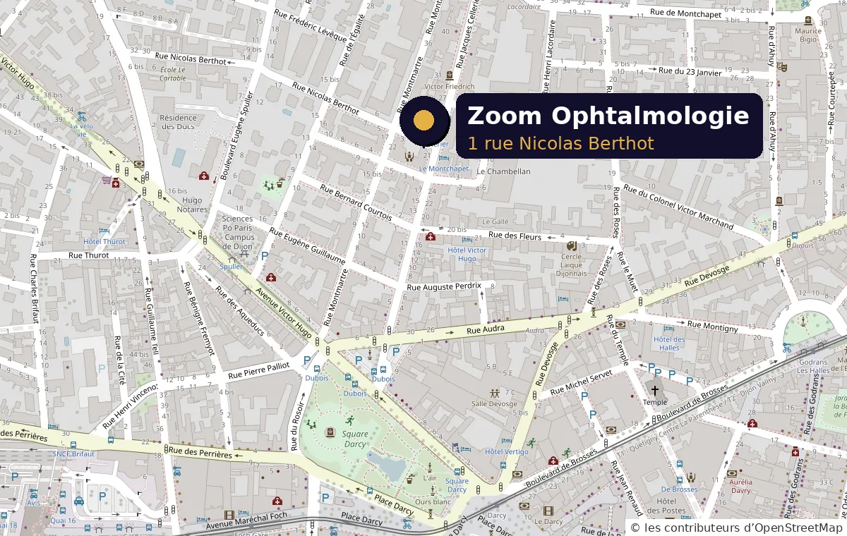 Plan d'accès au cabinet Zoom Ophtalmologie, 1 rue Nicolas Berthot à Dijon, près de la place Darcy. Cliquer pour ouvrir l'itinéraire dans Google Maps